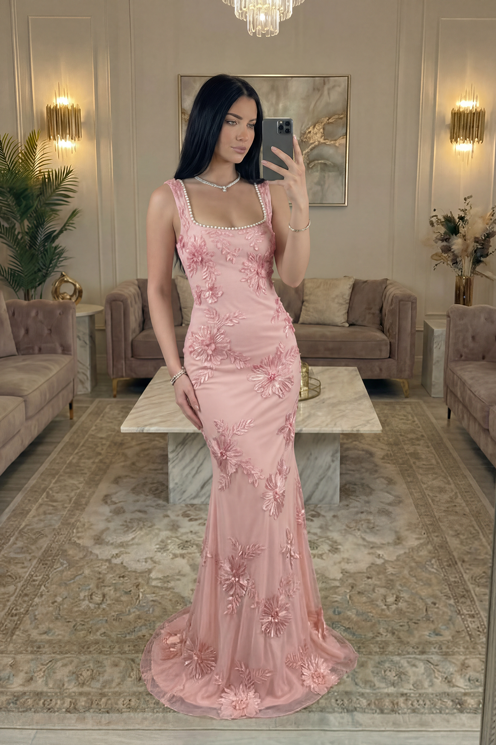 Yellow Floral Mermaid Square Neck Long Prom Dress with Pearls