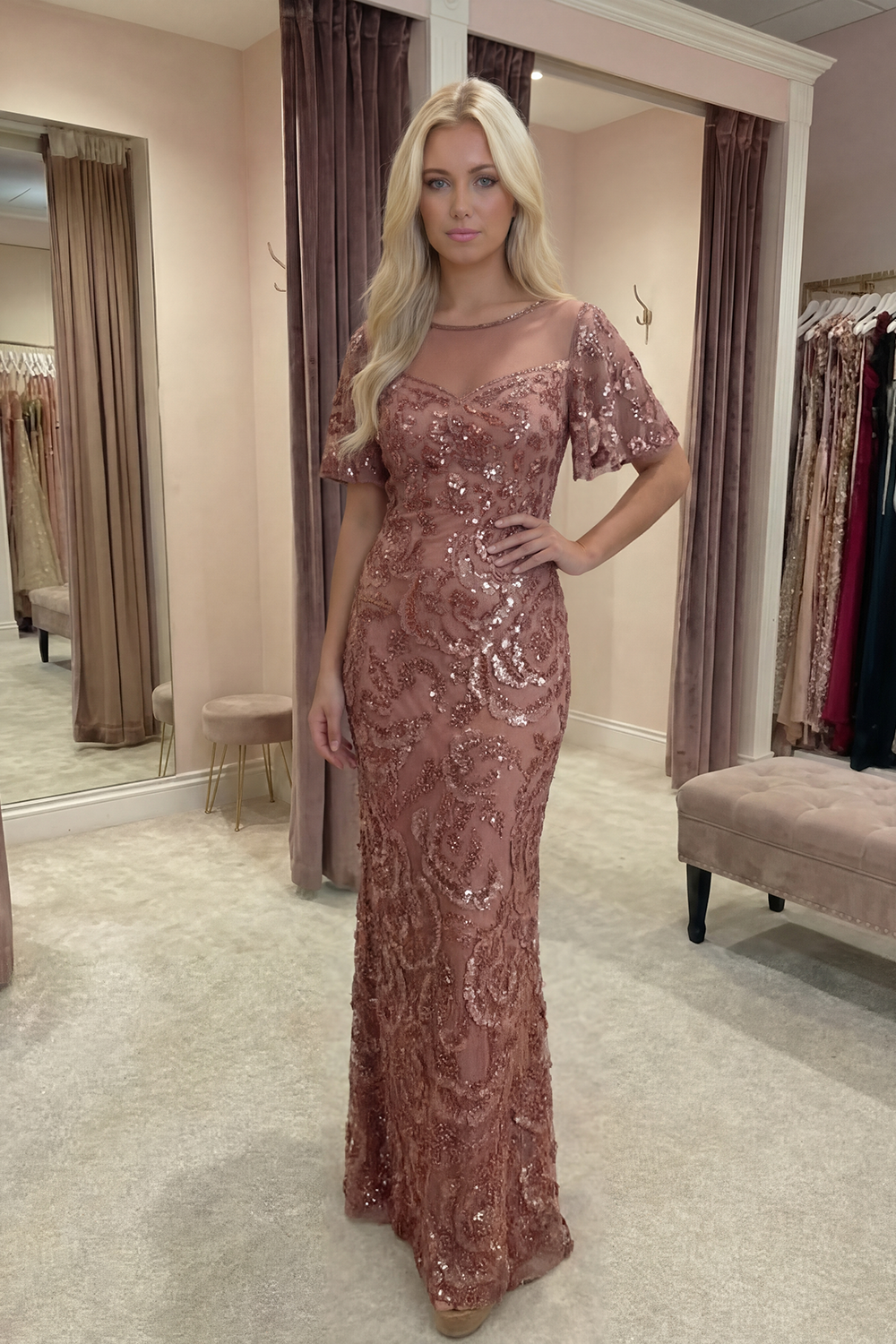 Sparkly Desert Rose Boat Neck Beaded Floral Prom Dress