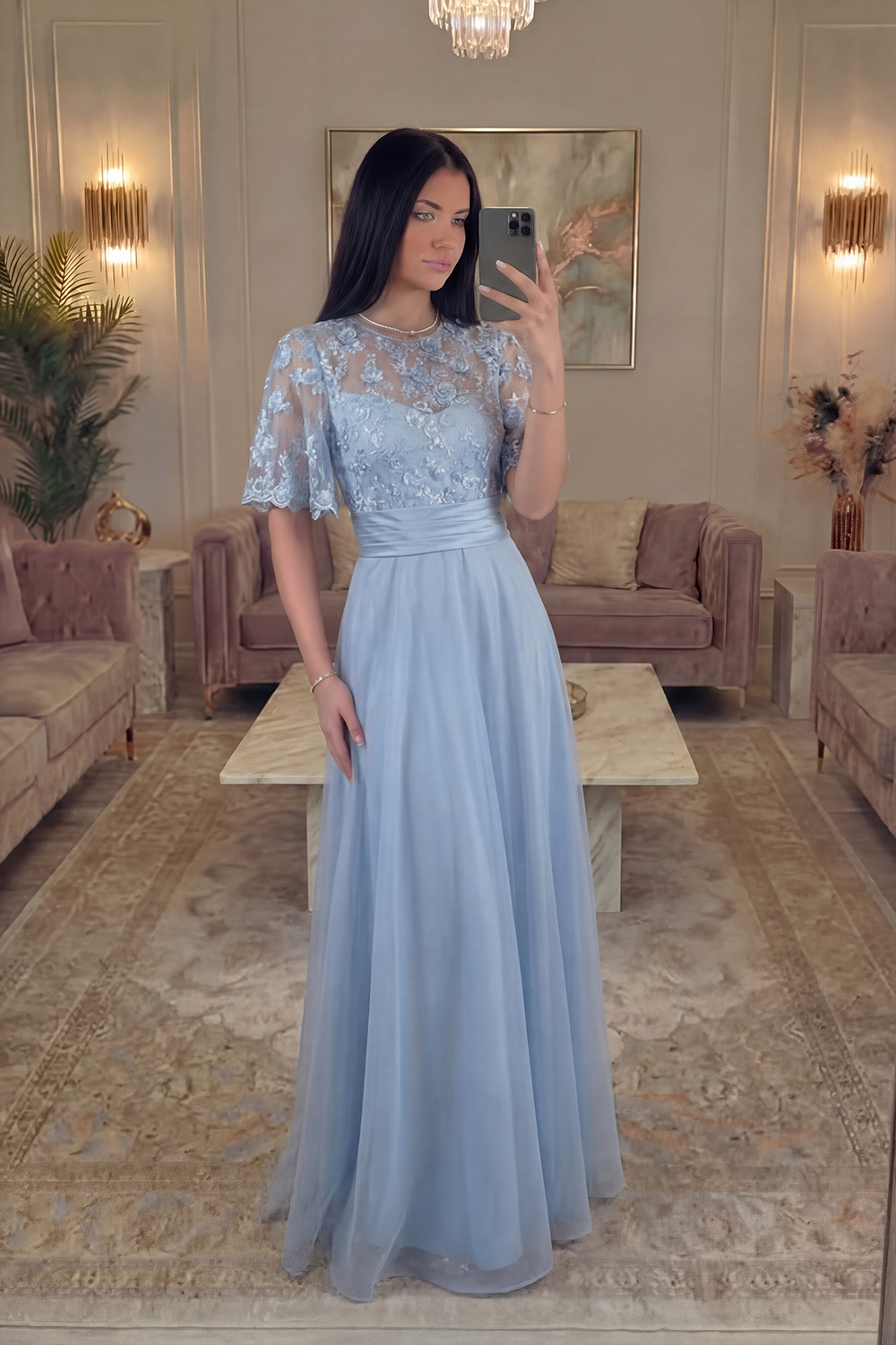 Berlinnova Women Sky Blue Long Floral Gala Dress Flutter Sleeves Tulle A Line Formal Dress