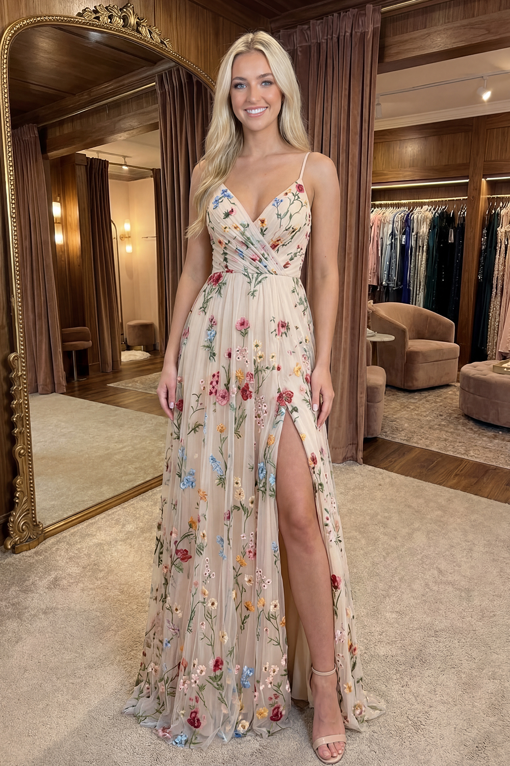 Spaghetti Straps Ivory Flower A Line Ruched Long Prom Dress with Slit