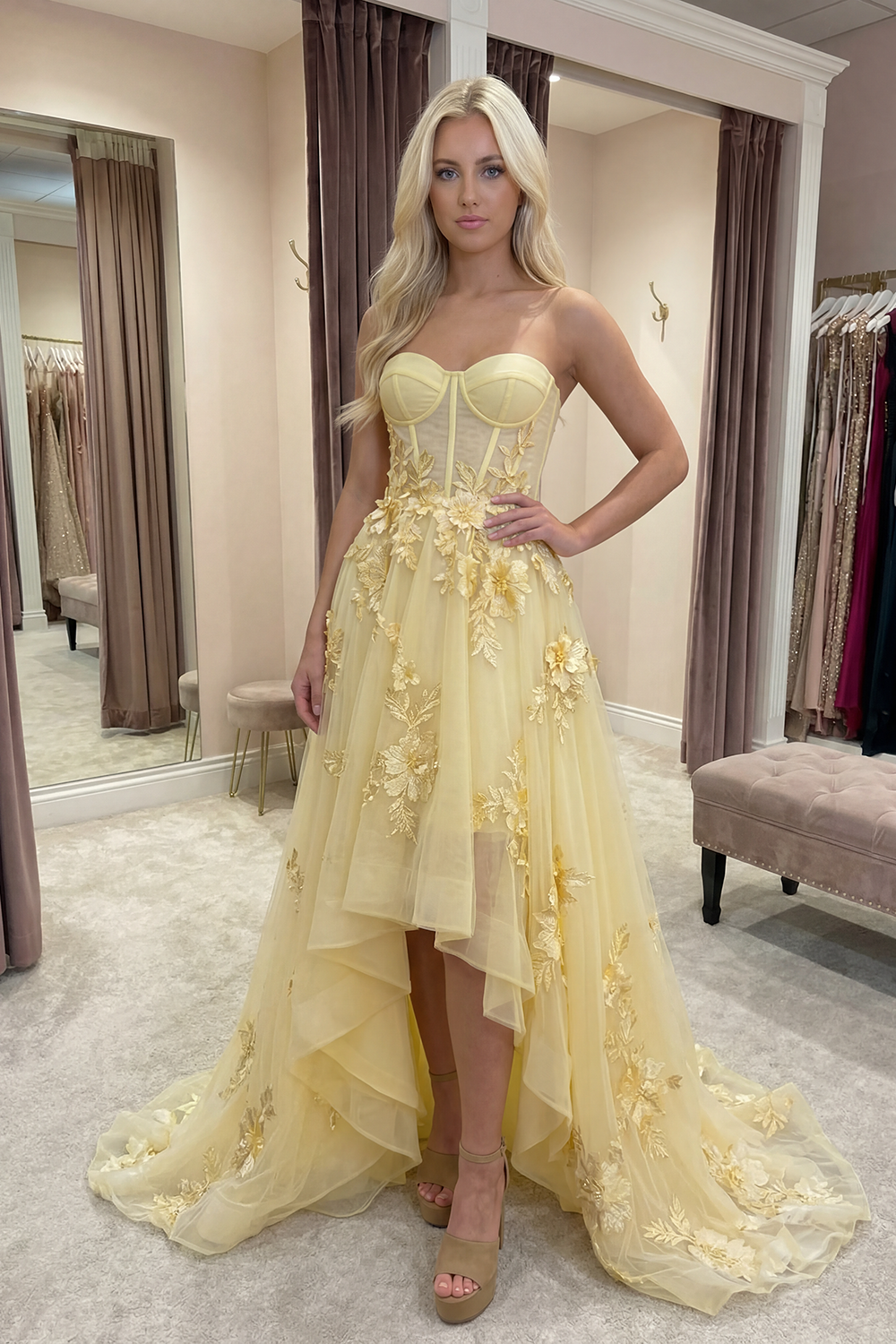 Yellow Corset Floral Sweetheart High-Low Prom Dress with Ruffles
