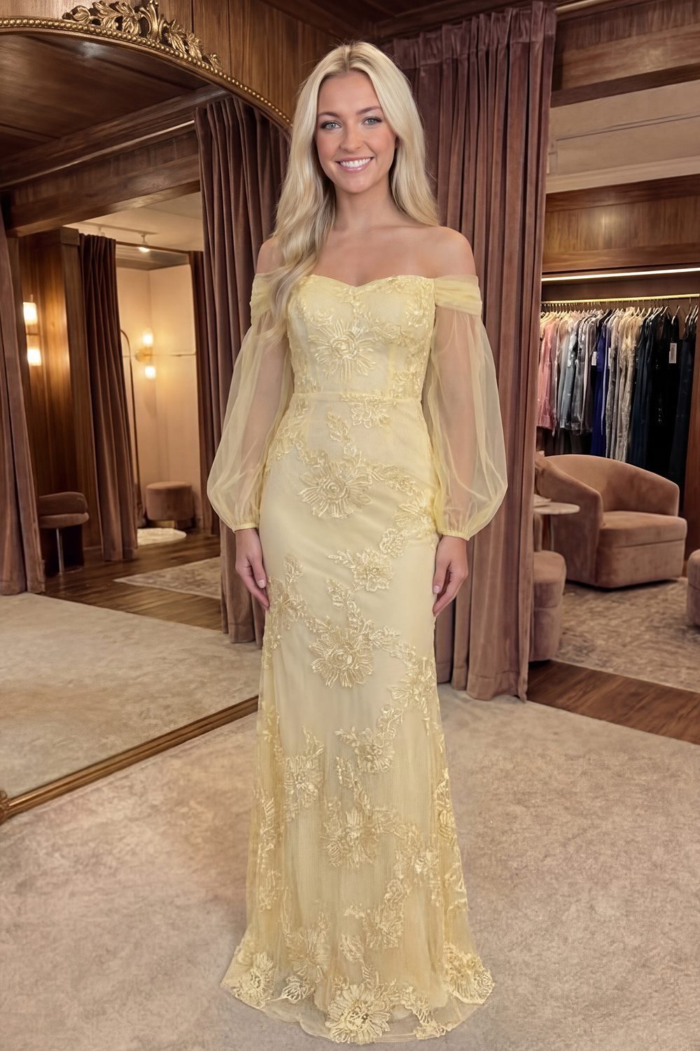 Mermaid Off the Shoulder Yellow Appliqued Long Prom Dress