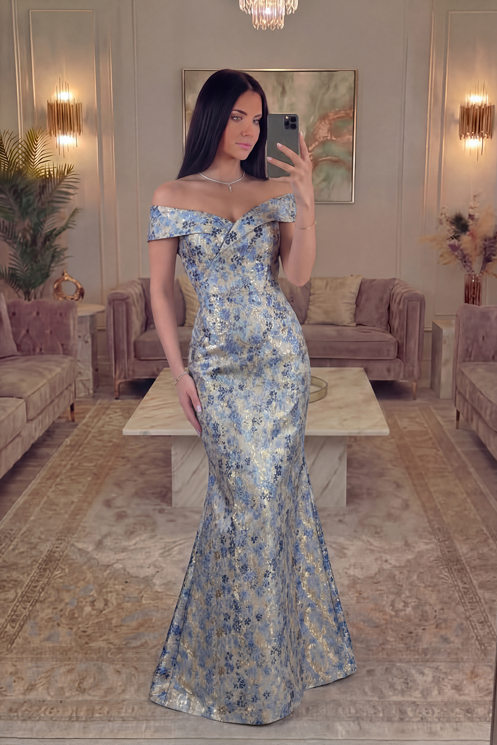 Grey Blue Floral Jacquard Mermaid Long Prom Dress