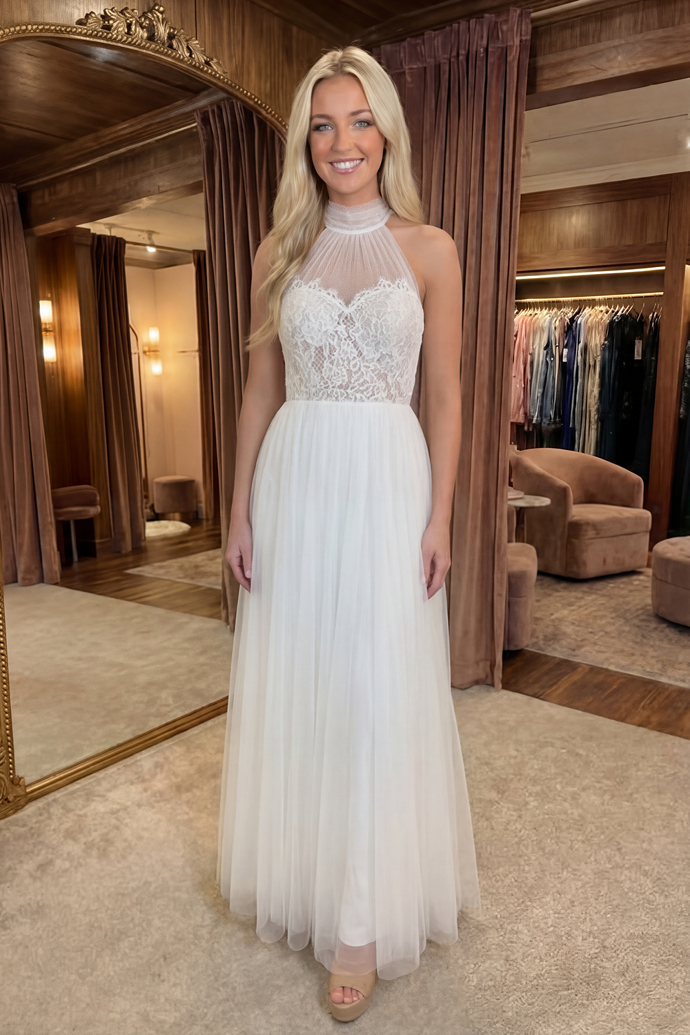 White A Line Long Floral Graduation Dress with Lace