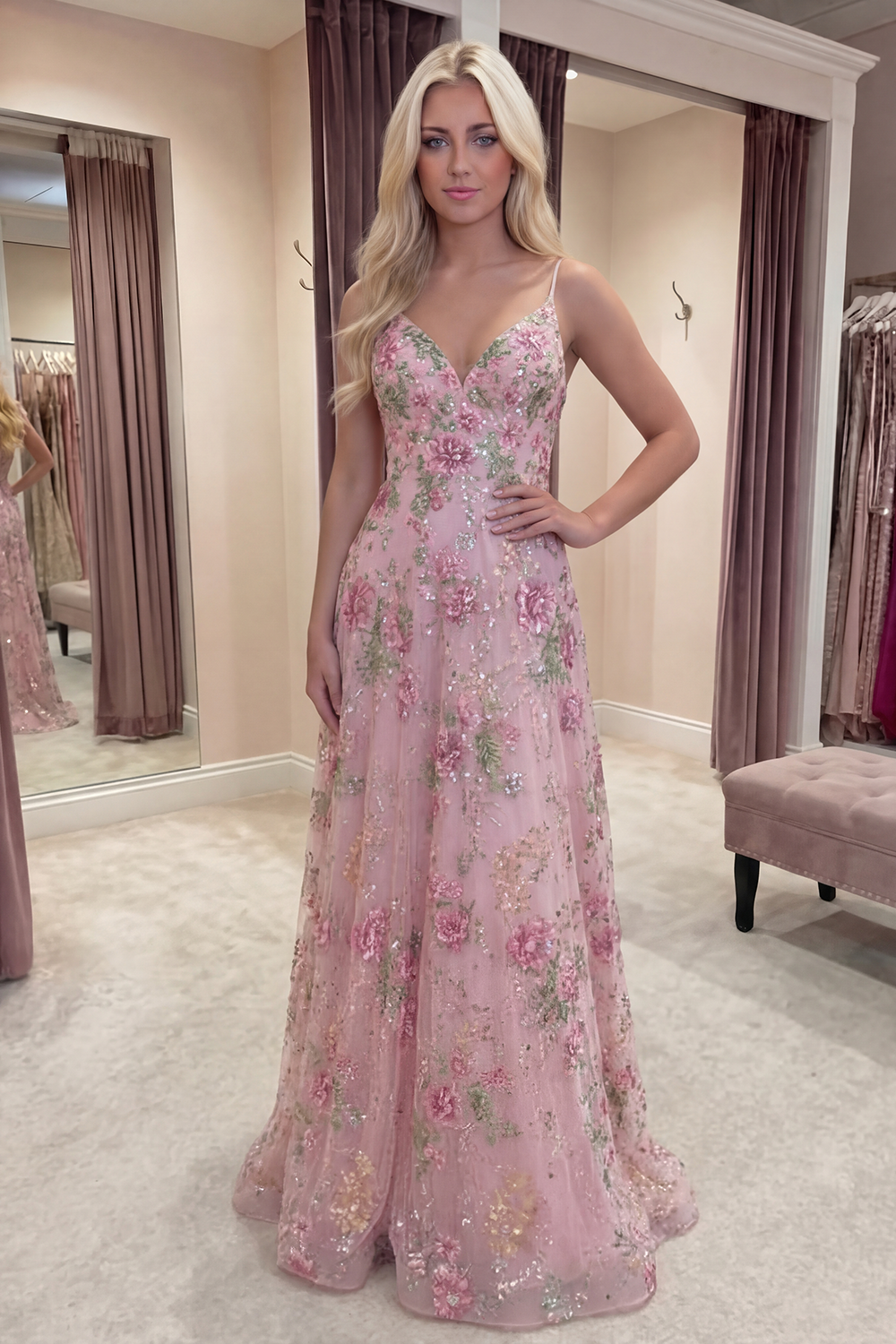 Floral A Line Spaghetti Straps Long Sparkly Pink Sequin Prom Dress