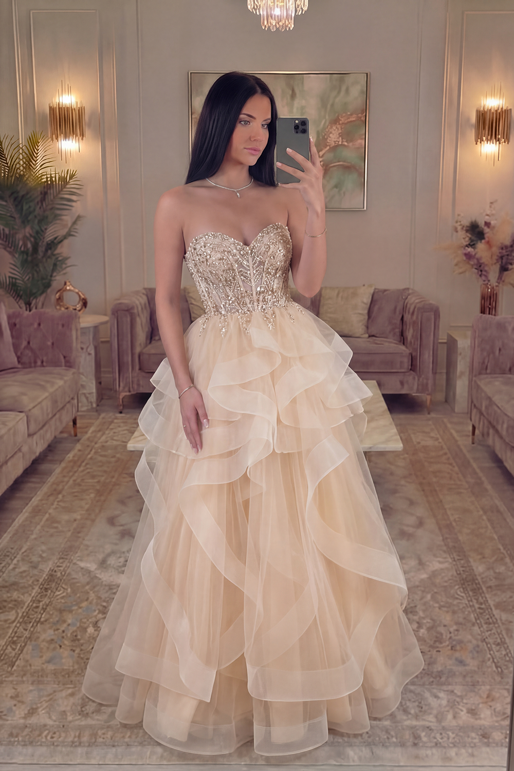 Sparkly Champagne Tulle A Line Sweetheart Corset Long Prom Dress with Ruffles