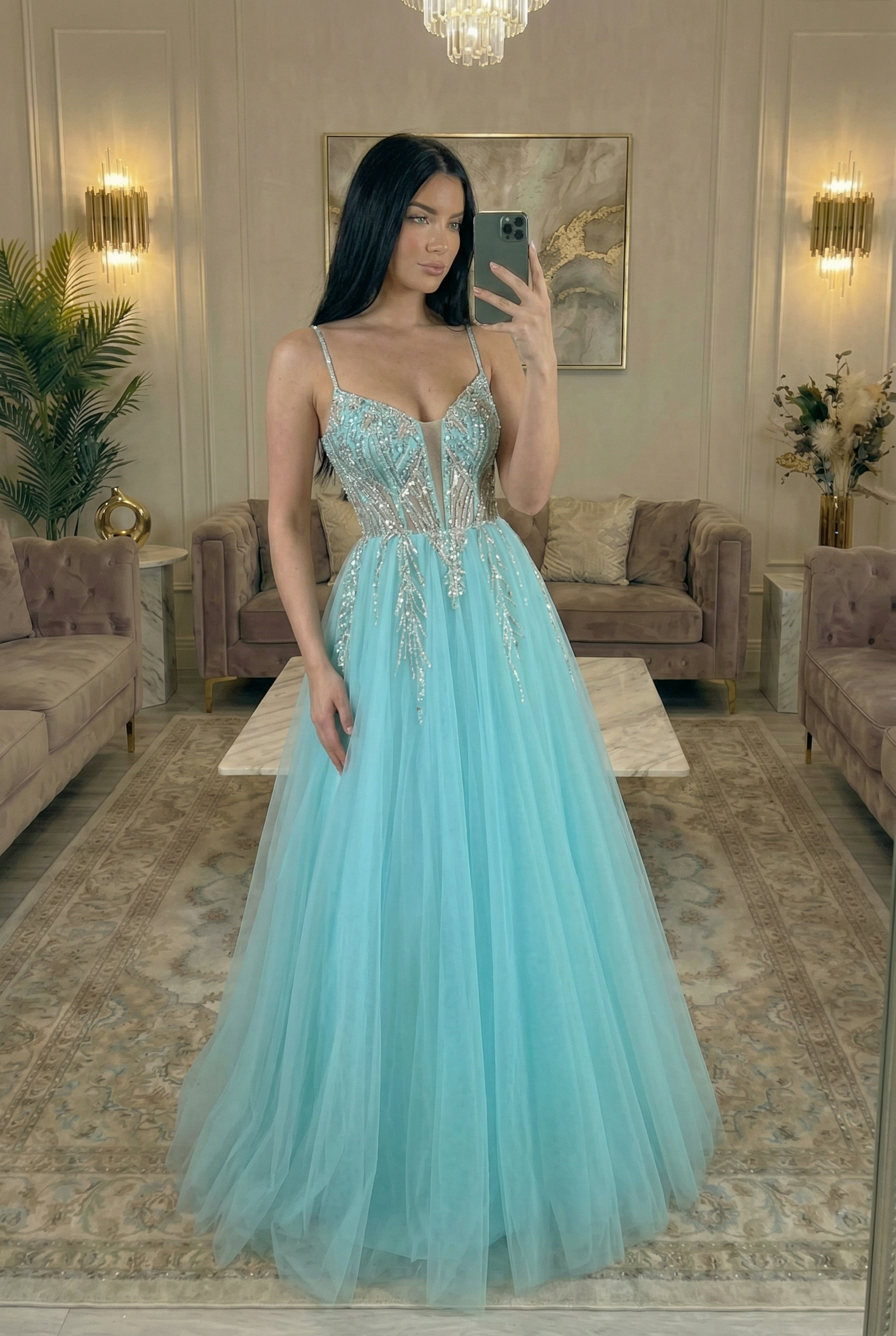 Sparkly Mint Spaghetti Straps Tulle Beaded Long Corset Prom Dress