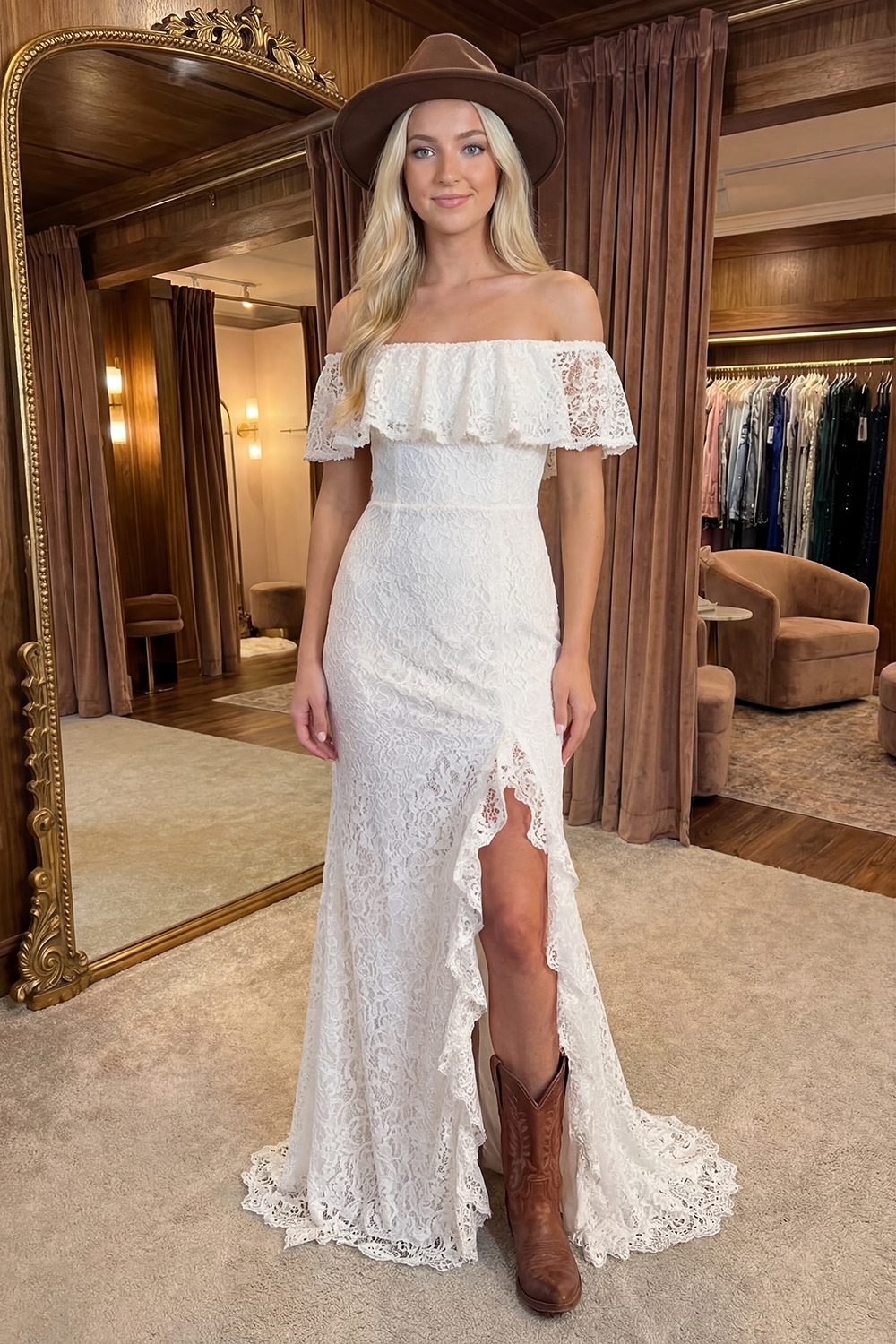 Ivory Floral Mermaid Boho Long Graduation Dress with Ruffles