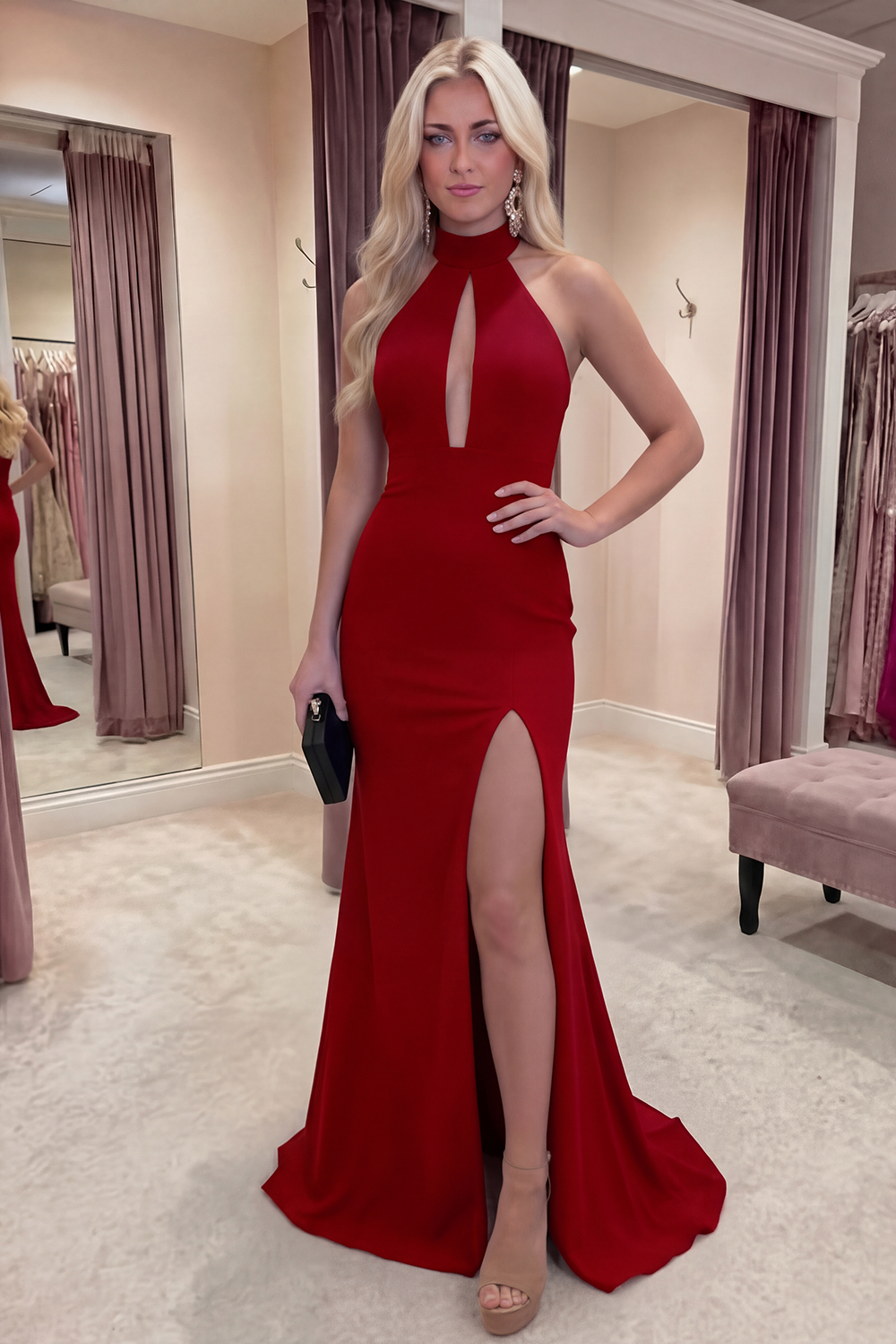 Black Mermaid Halter Neck Satin Long Prom Dress