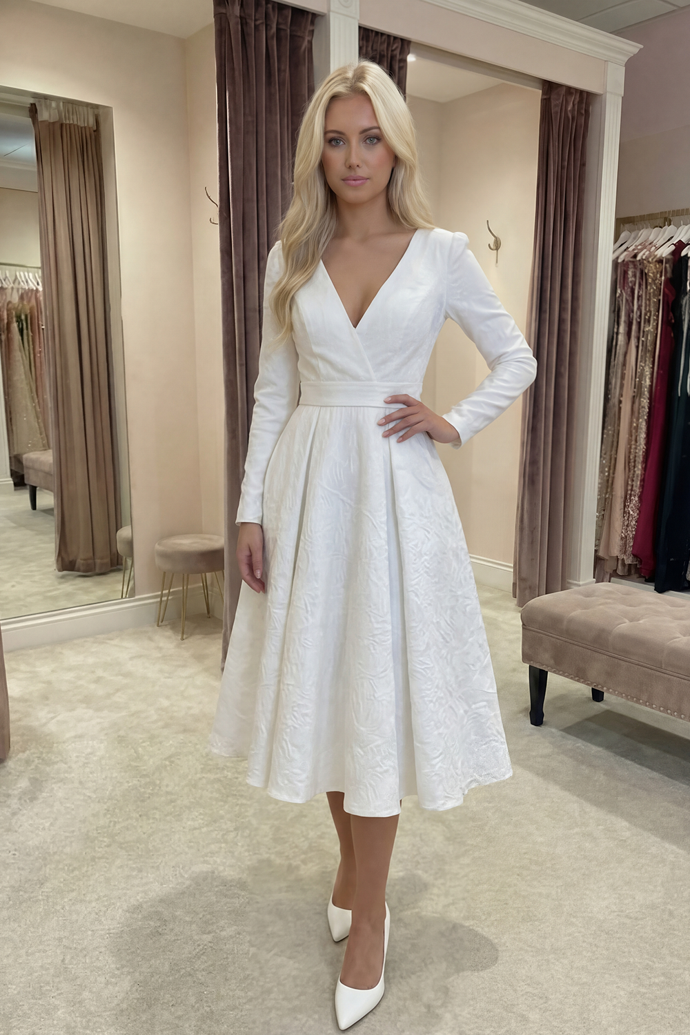 Simple Ivory A Line V-Neck Midi Graduation Dress with Sleeves