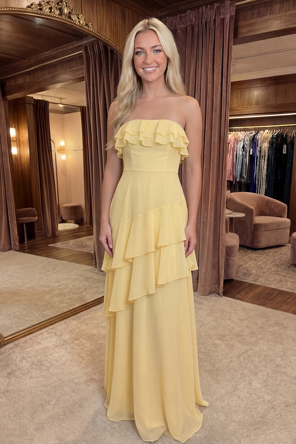 Strapless Yellow A Line Long Prom Dress with Ruffles