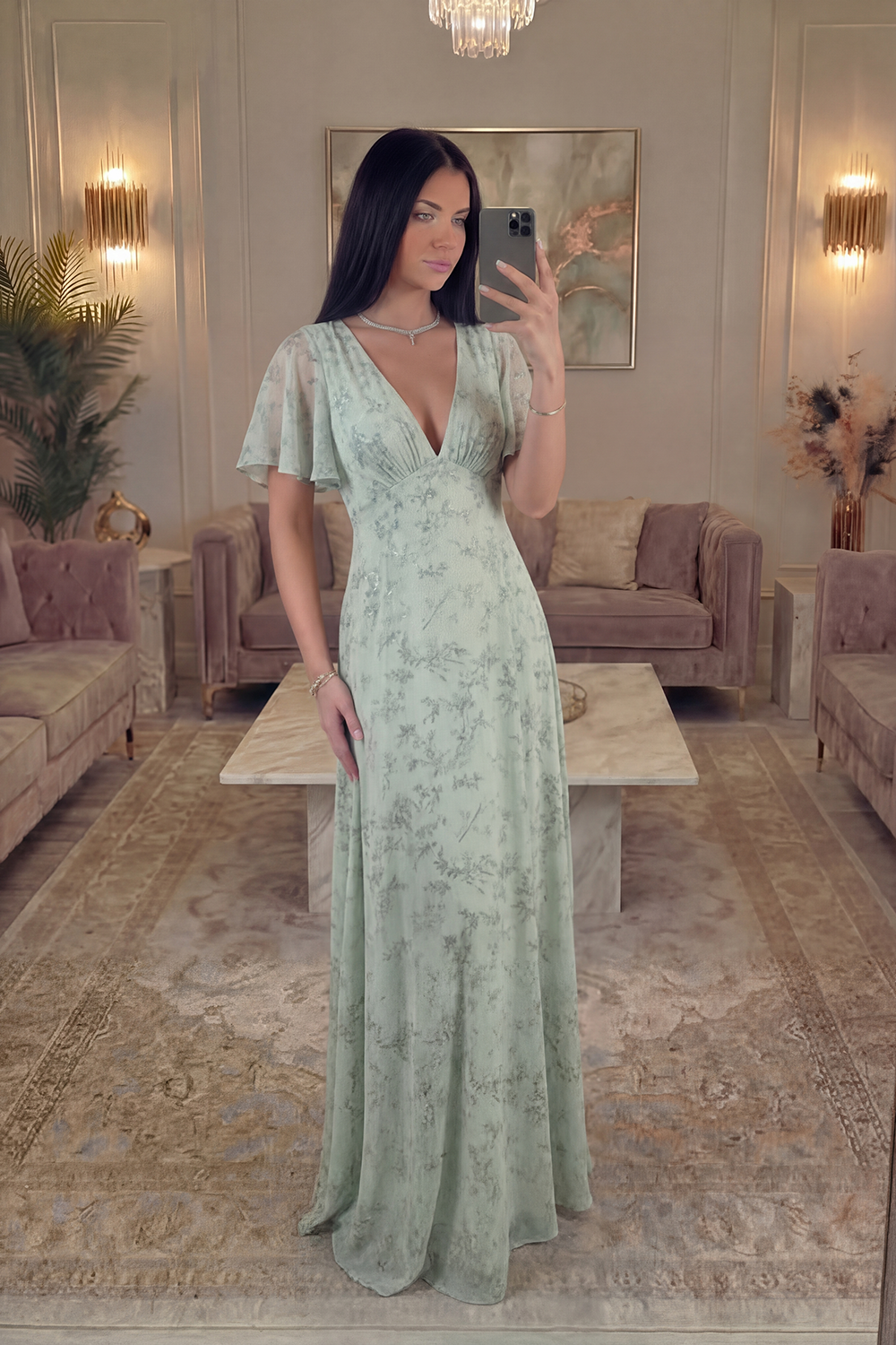 A Line Dusty Sage V Neck Floral Long Prom Dress