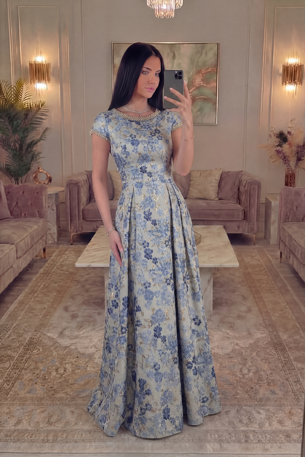 Floral Grey Blue A Line Jacquard Long Prom Dress with Sleeves