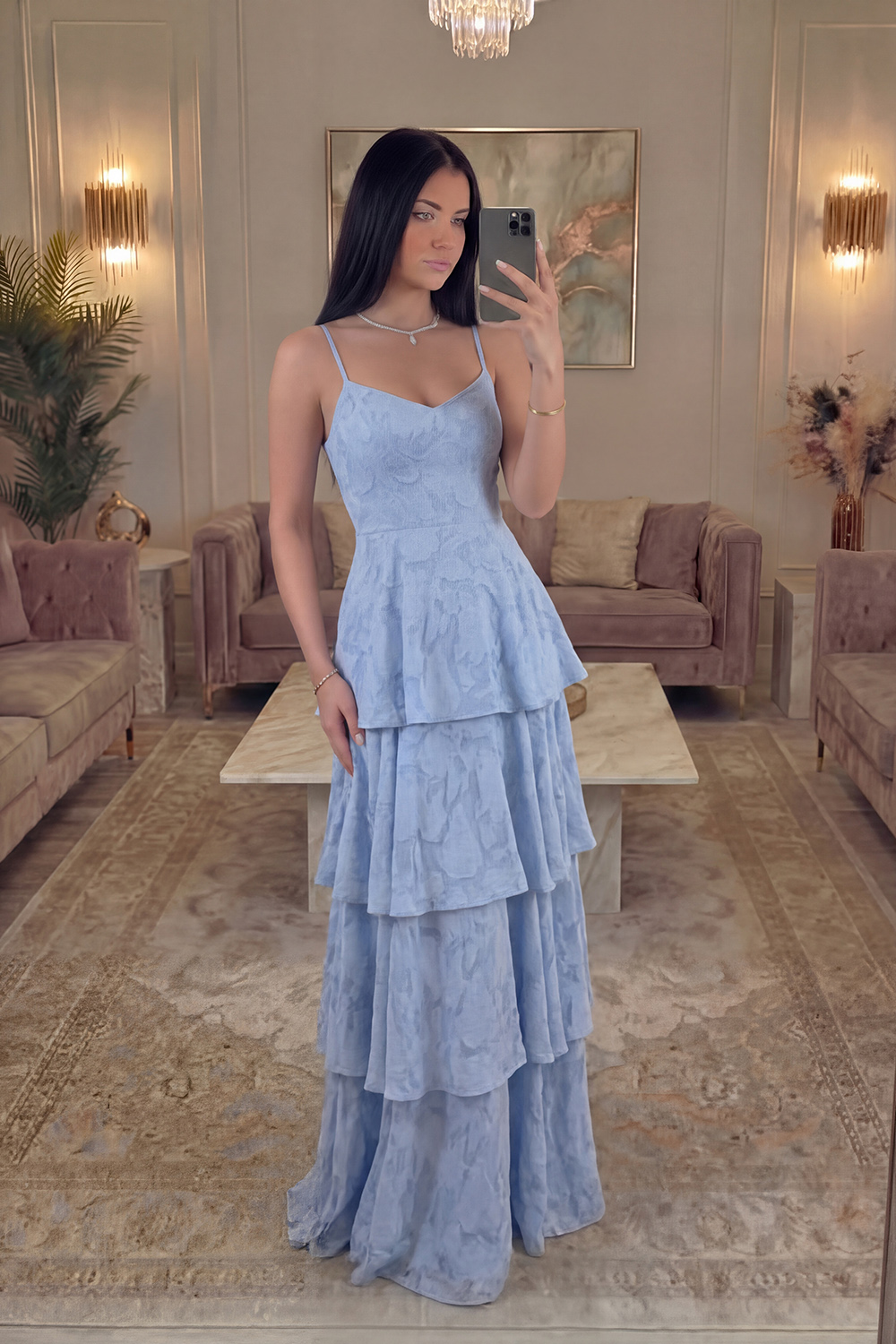 Dusty Blue Floral Lace A Line Long Prom Dress with Ruffles