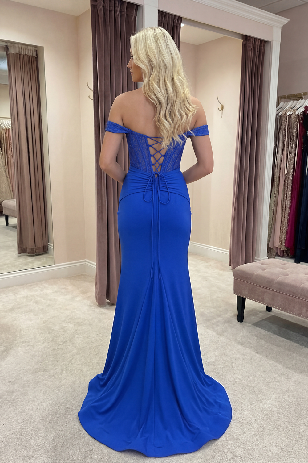 Sparkly Royal Blue Off the Shoulder Satin Corset Beaded Long Prom Dress with Slit