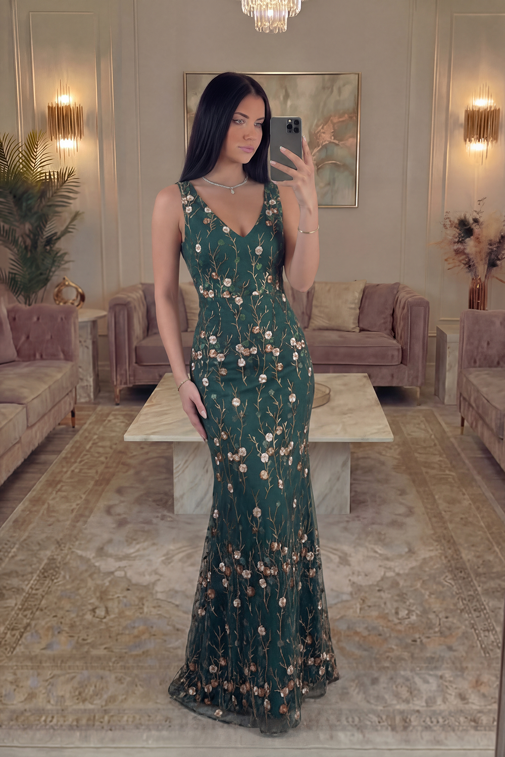 V-Neck Dark Green Floral Long Mermaid Prom Dress
