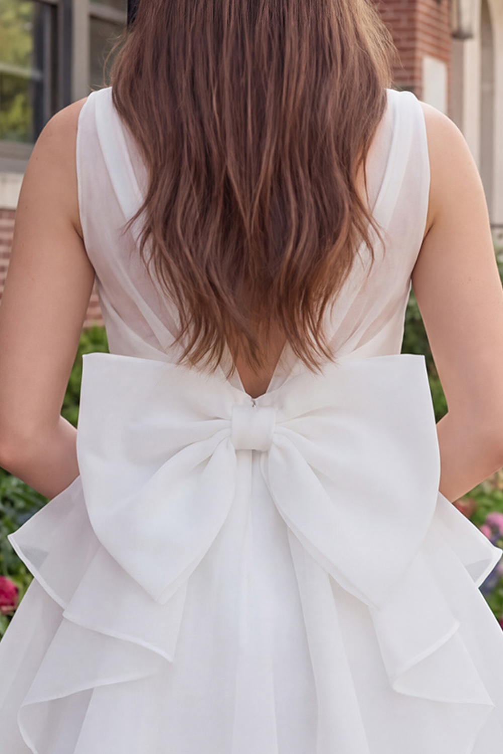 Ivory V-Neck A Line Short Ruffled Graduation Dress with Bow