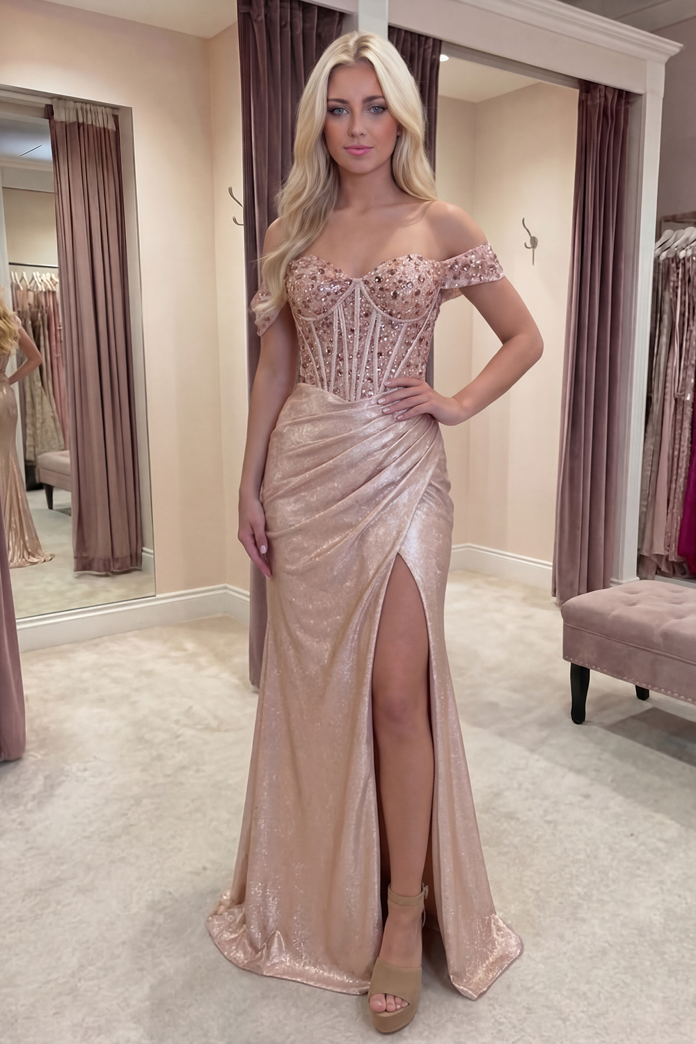 Sparkly Mermaid Champagne Off the Shoulder Long Corset Prom Dress with Slit