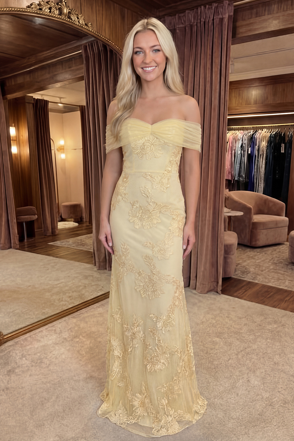 Off the Shoulder Yellow Appliqued Mermaid Long Prom Dress