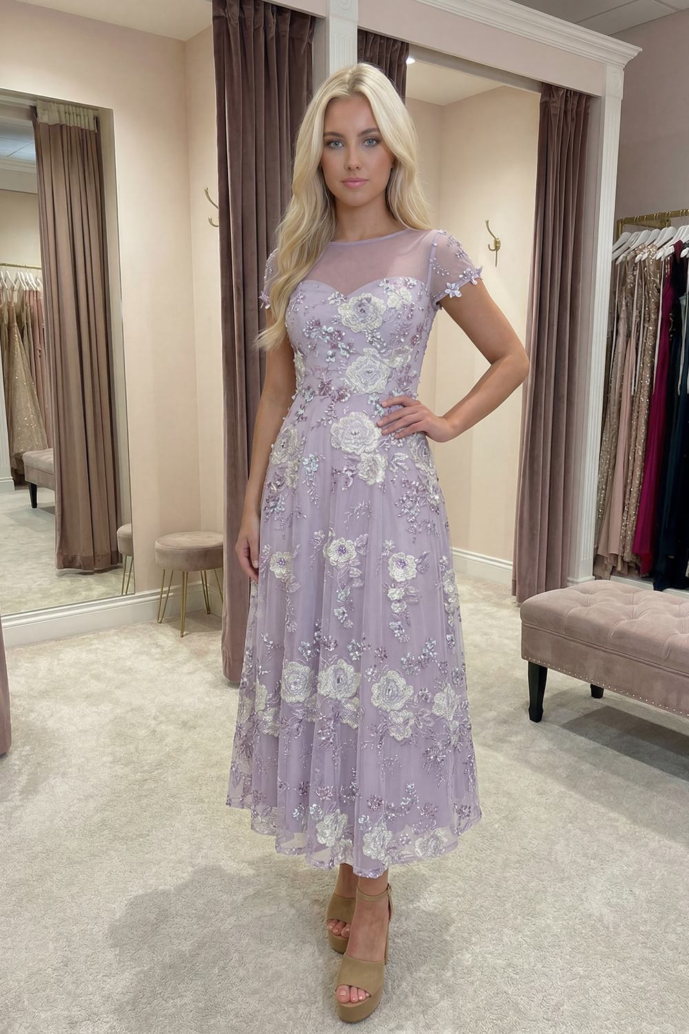 Sparkly Dusty Purple Floral A Line Tulle Long Prom Dress with Beading