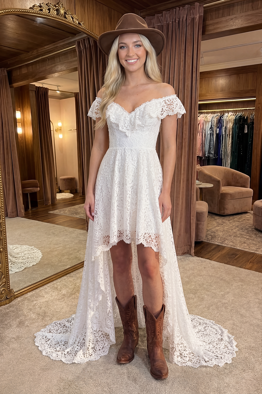 Ivory High Low Floral A Line Lace Boho Graduation Dress