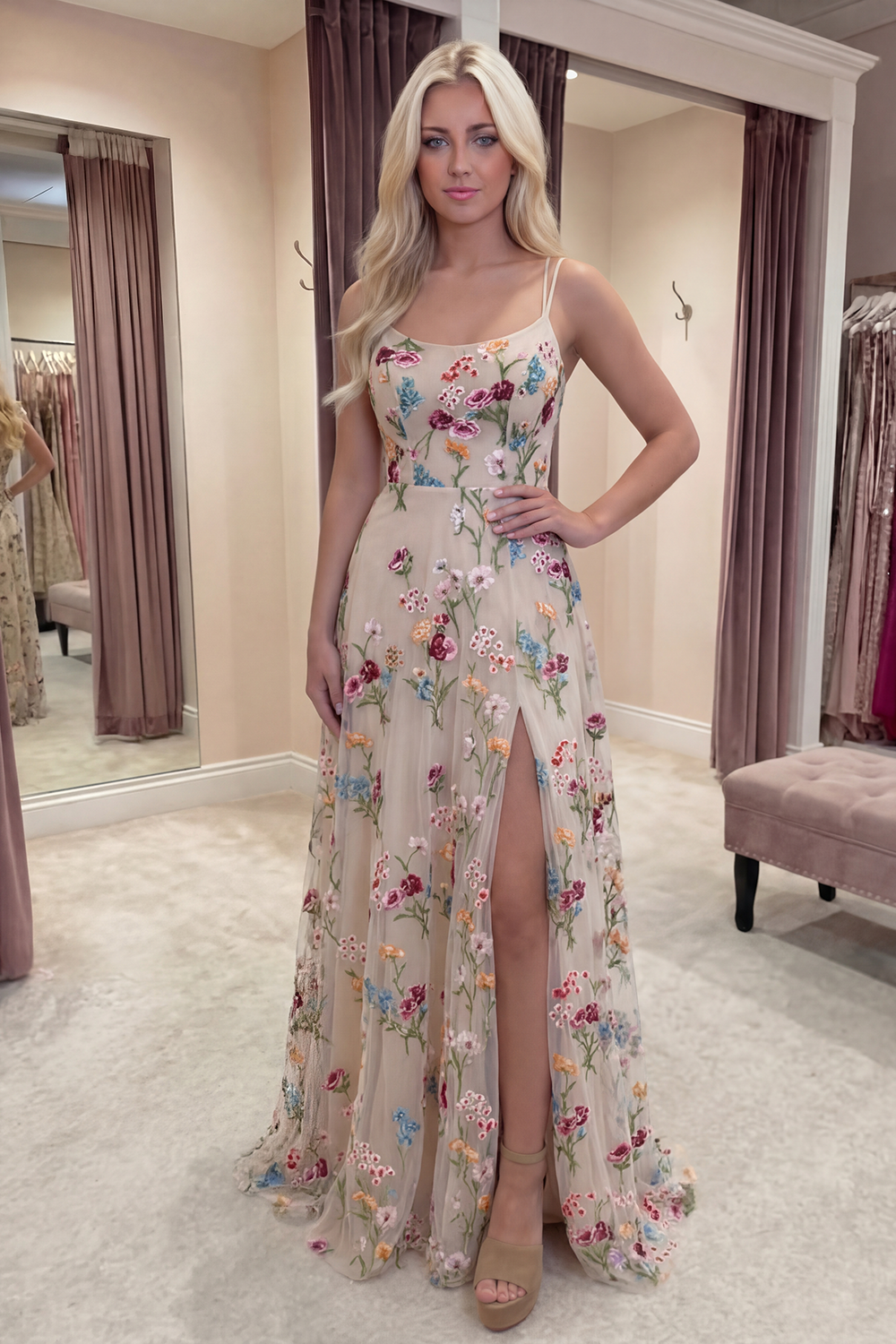 Ivory Flower A Line Spaghetti Straps Corset Long Prom Dress wth Slit