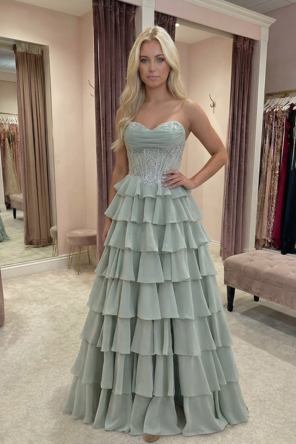 Sweetheart Appliqued Dusty Green A Line Corset Chiffon Long Prom Dress with Ruffles