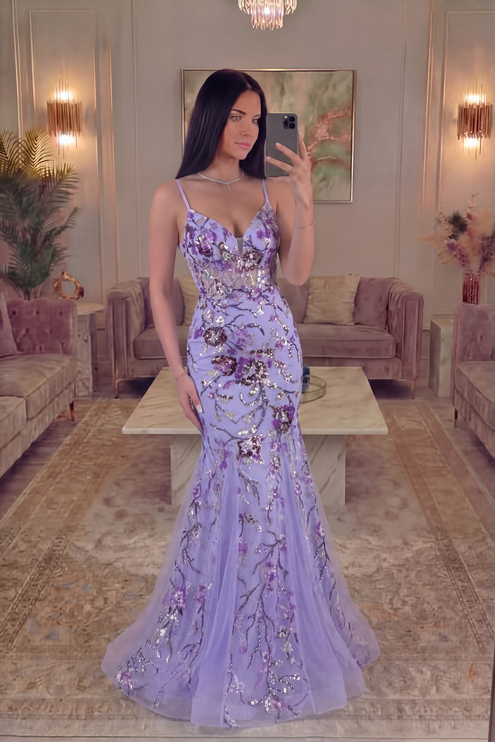 Sparkly Purple Mermaid Beaded Spaghetti Straps Long Prom Dress