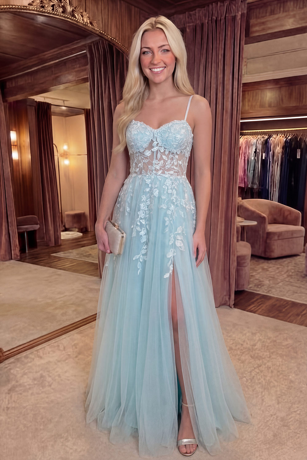 Mint Tulle Appliqued A Line Long Corset Prom Dress with Slit