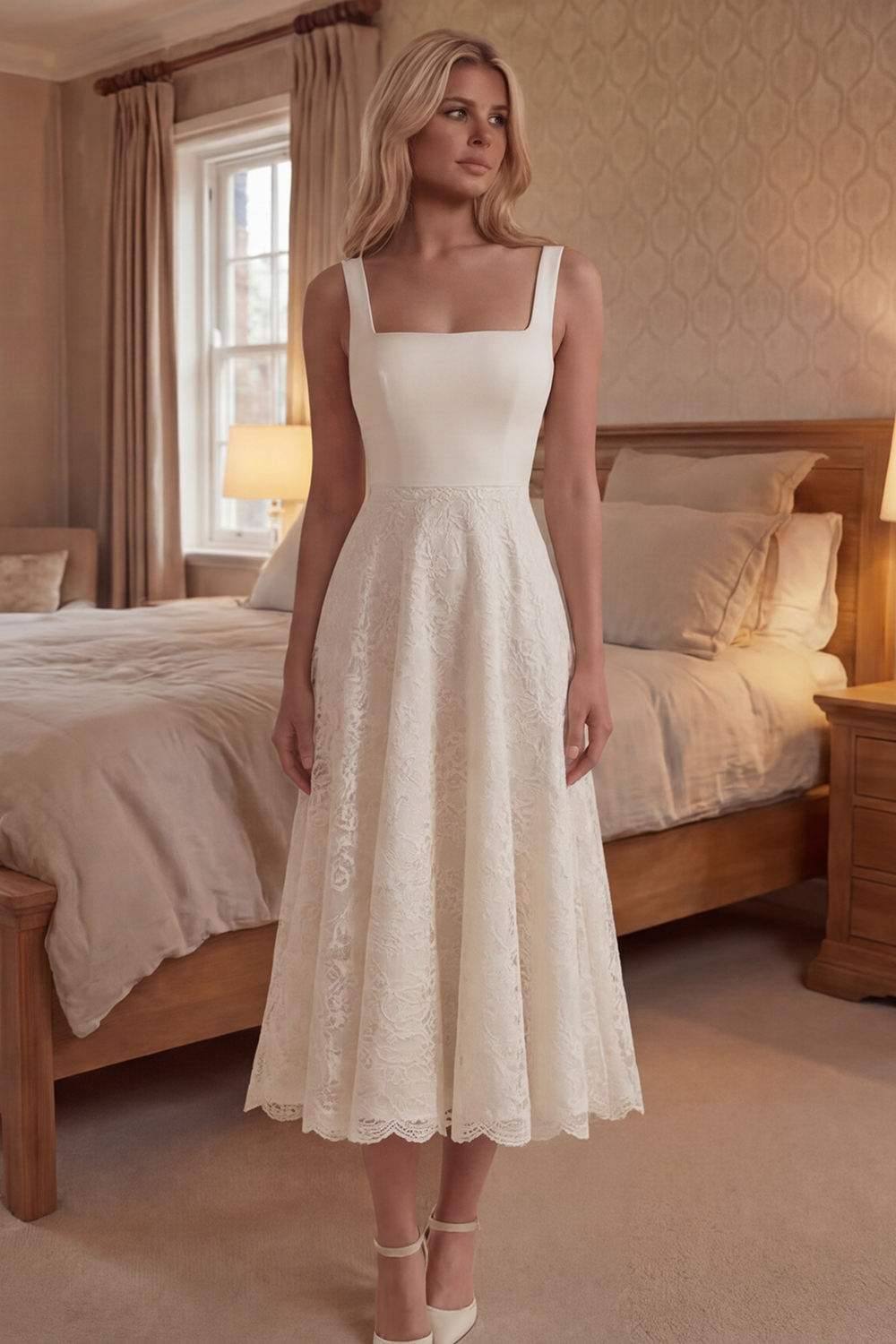 Square Neck Ivory Floral A Line Long Boho Lace Graduation Dress