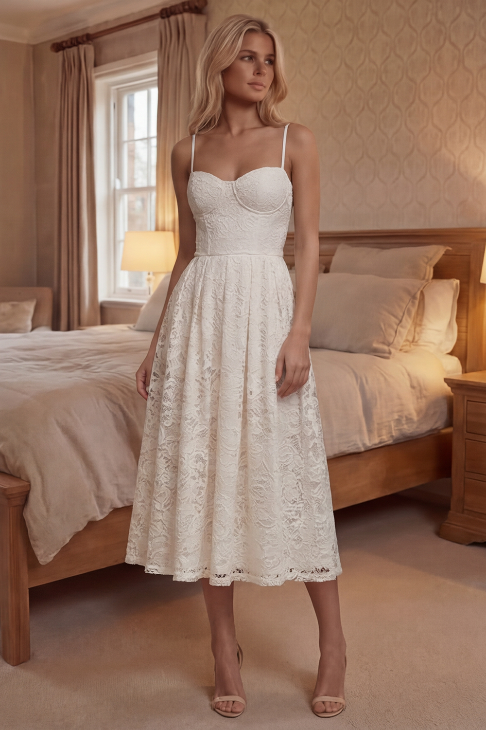 Spaghetti Straps White Corset Long A Line Boho Lace Graduation Dress