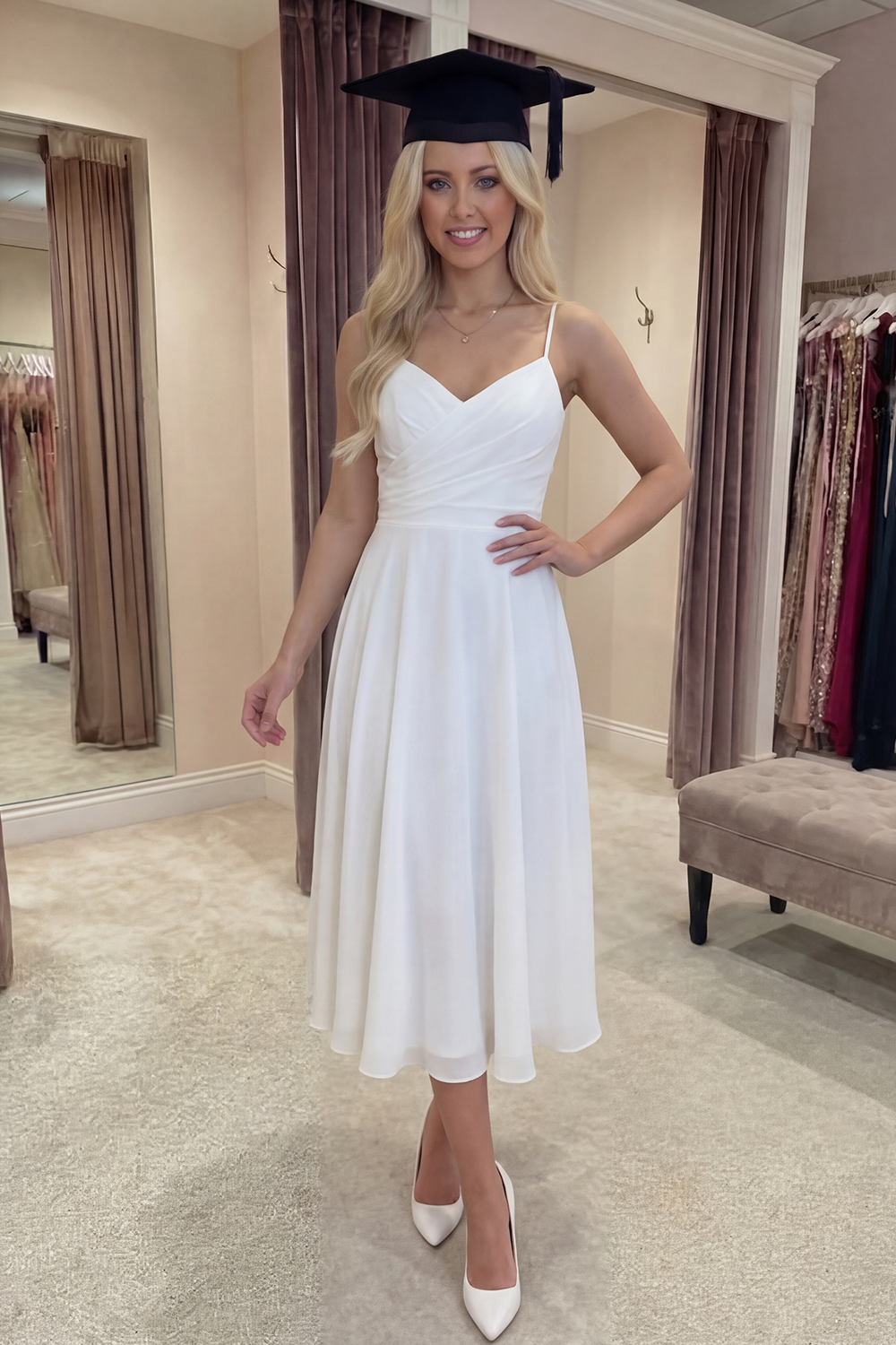 White Chiffon A Line Spaghetti Straps Midi Graduation Dress