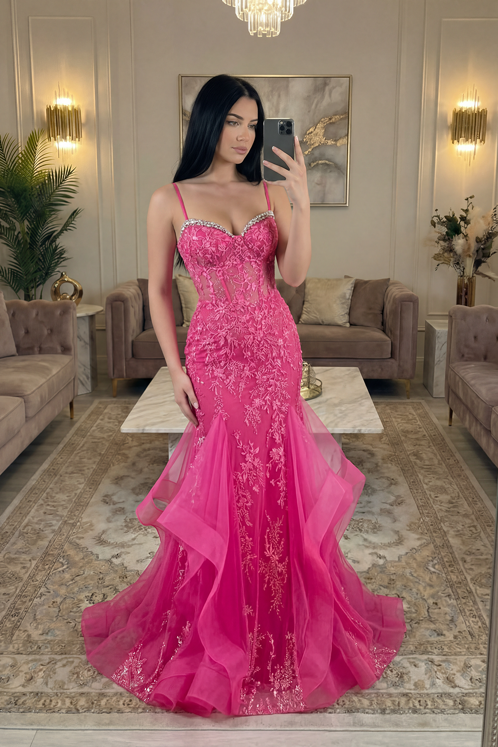 Sparkly Fuchsia Corset Lace Mermaid Spaghetti Straps Long Prom Dress with Ruffles