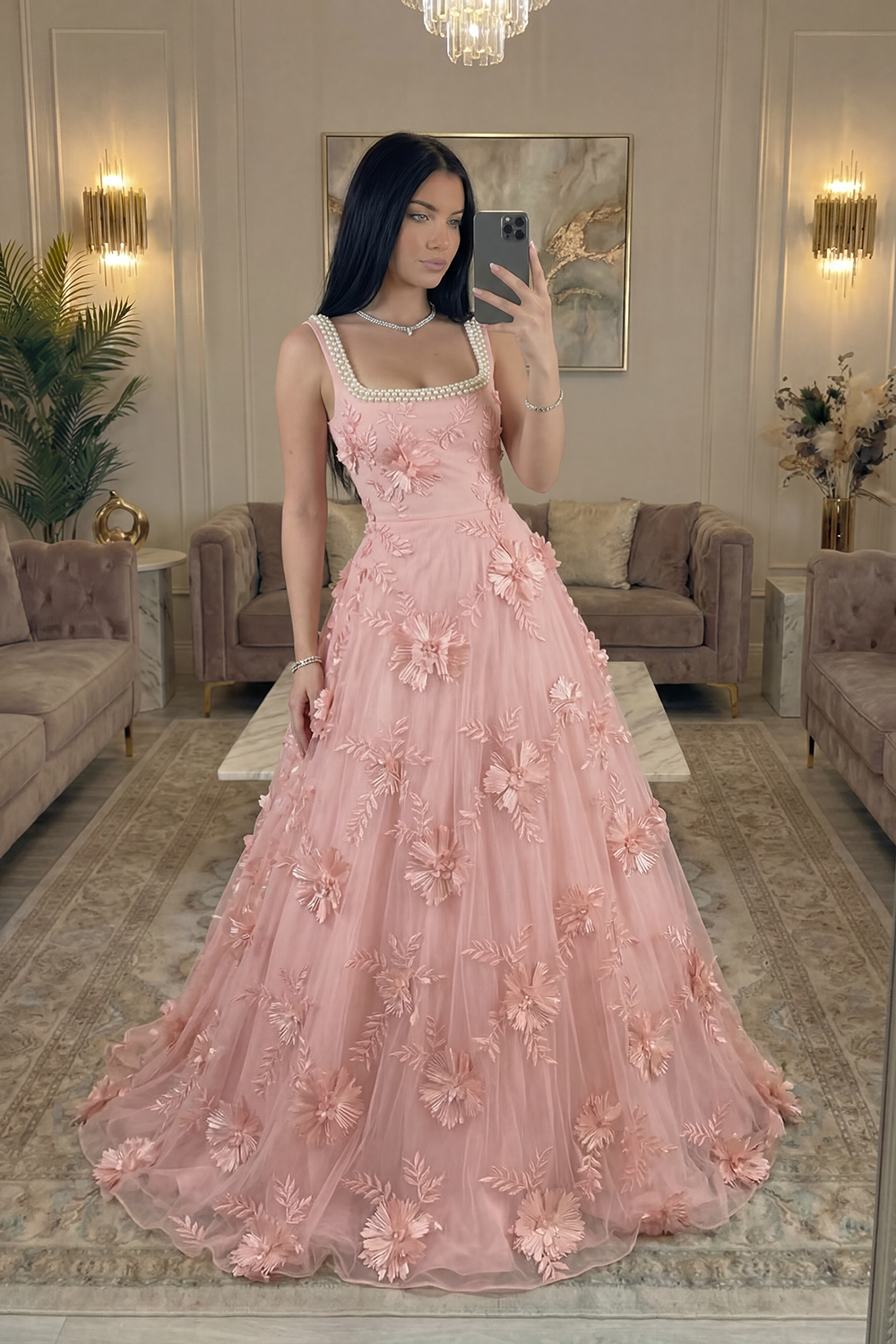 Sparkly Yellow Floral Beaded A Line Square Neck Long Prom Dress