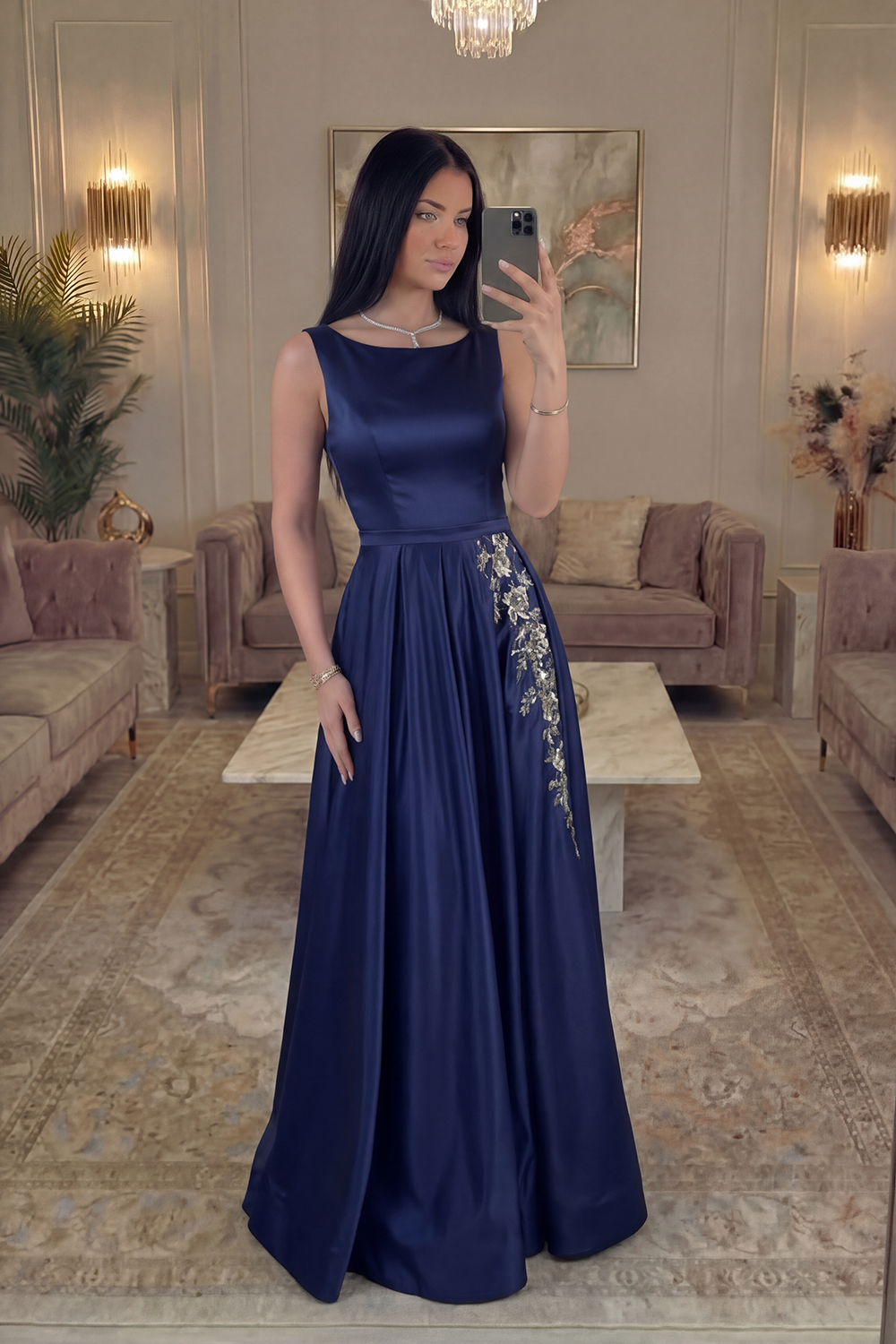 Boat Neck A Line Navy Floral Satin Beaded Long Prom Dress