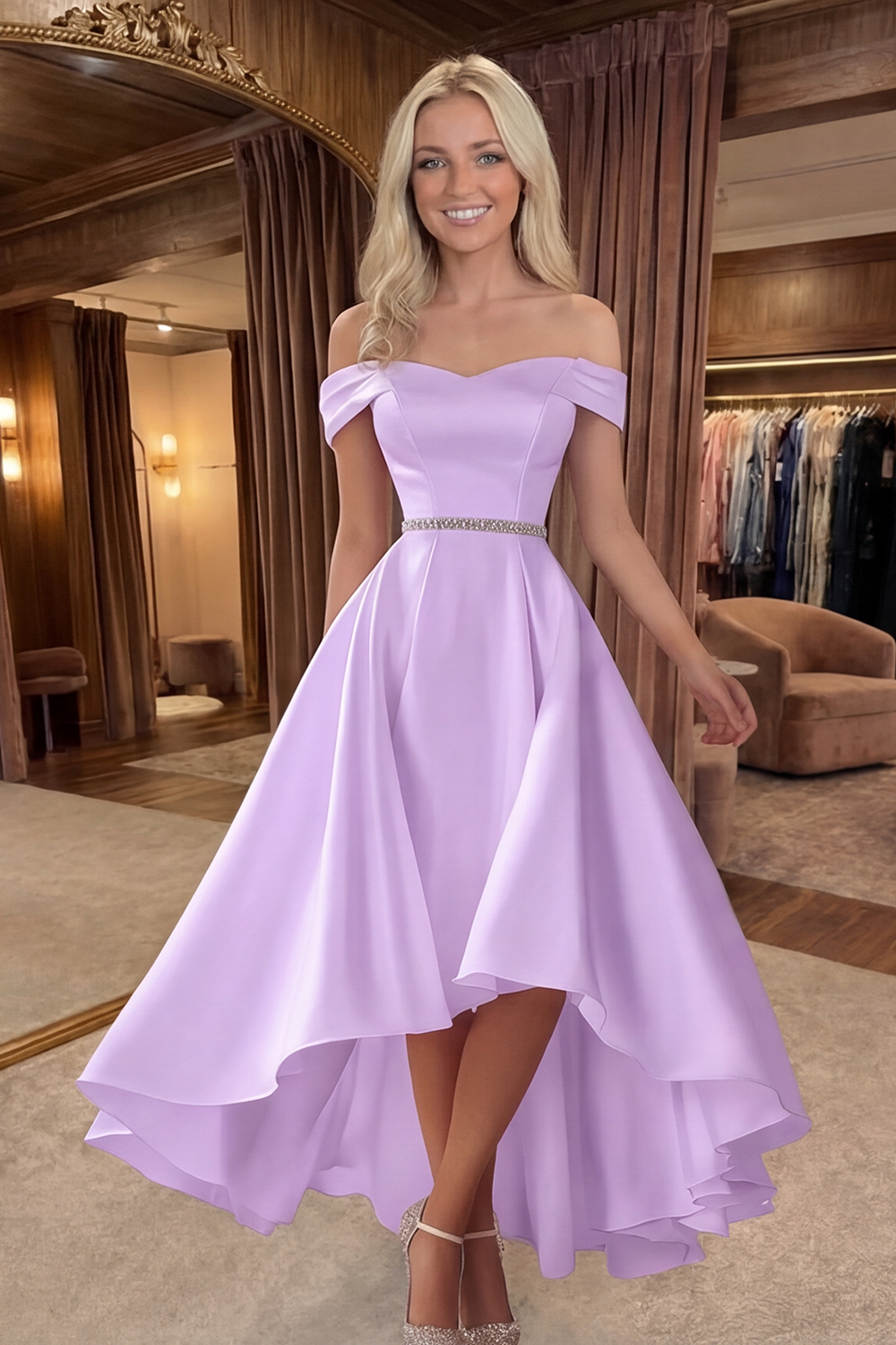 Ivory Off the Shoulder High-Low Graduation Dress with Rhinestones