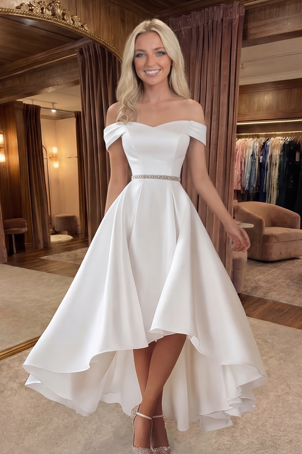 Ivory Off the Shoulder High-Low Graduation Dress with Rhinestones