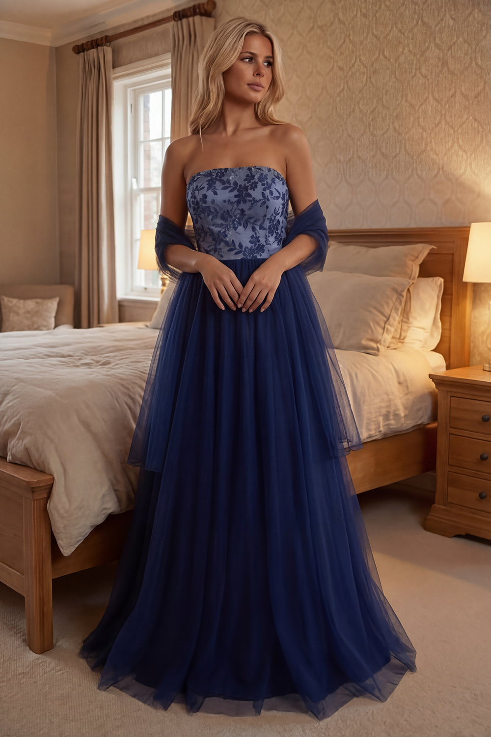 A Line Navy Long Floral Prom Dress with Shawl
