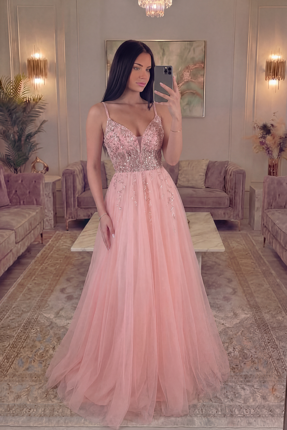 Sparkly Watermelon Tulle A Line Long Corset Prom Dress with Beading