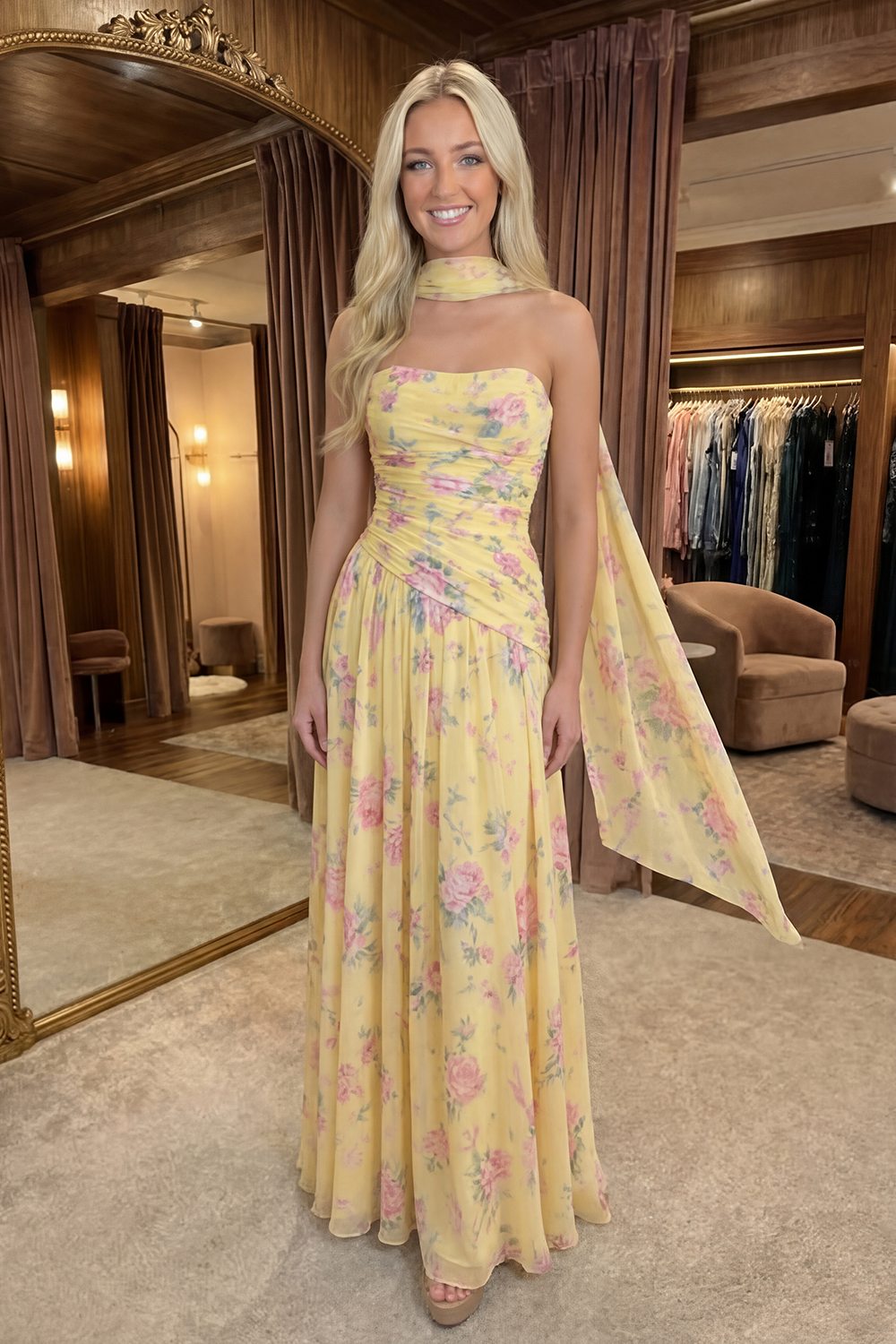 Flower Blue Pink Neck Scarf A Line Long Wedding Guest Dress