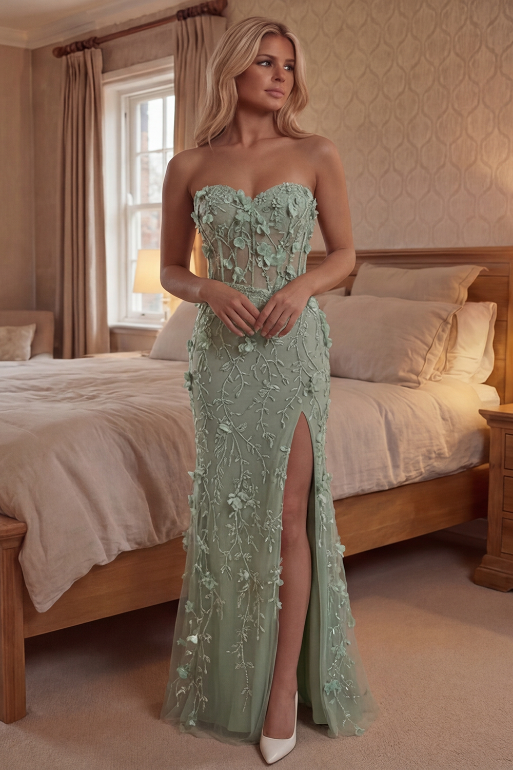 Sparkly Sage Beaded Mermaid Floral Sweetheart Long Prom Dress with Slit