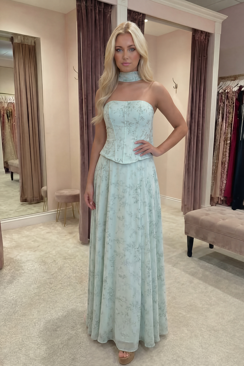 Corset Neck Scarf A Line Floral Basque Waist Long Prom Dress