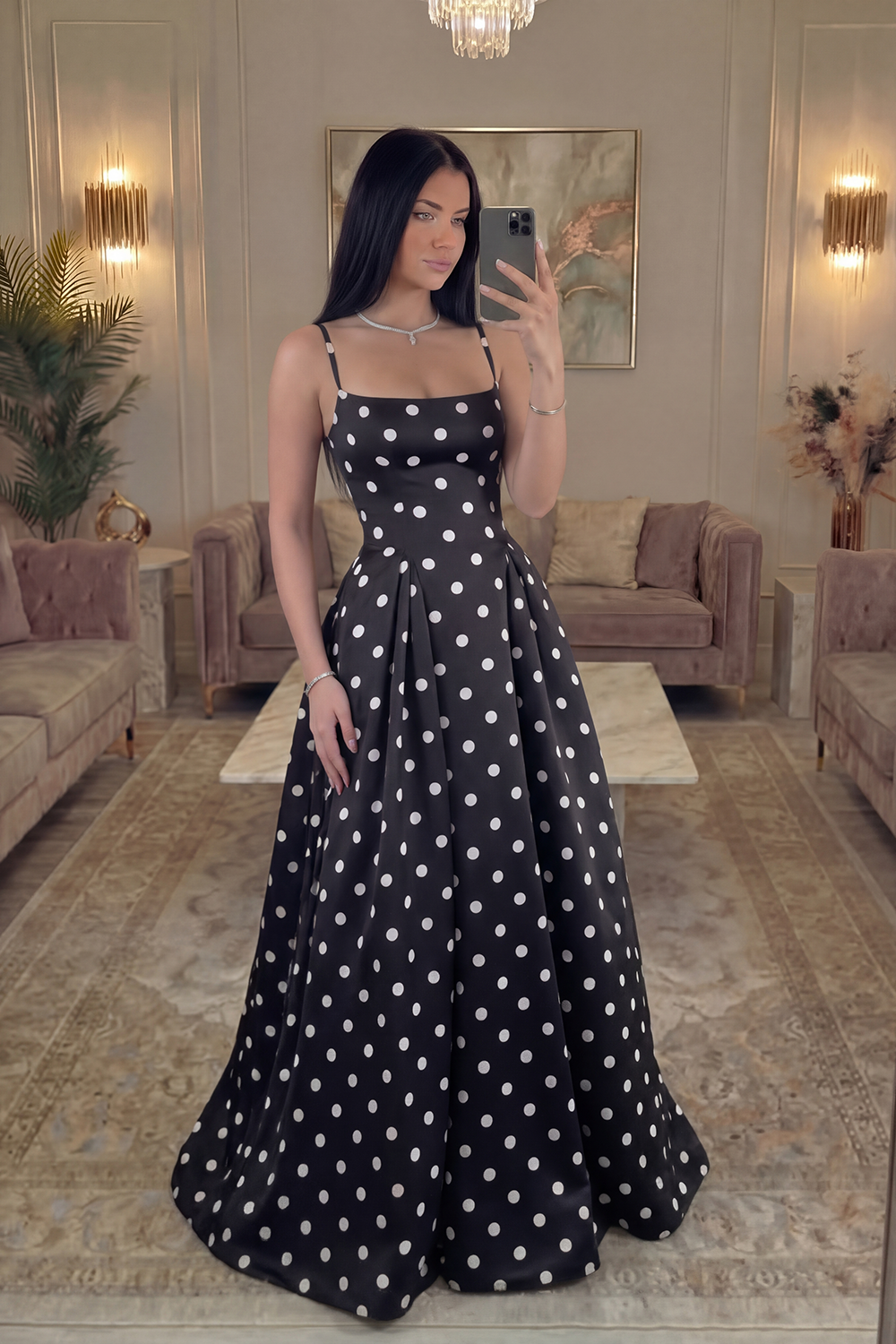 Black and White Polka Dots A Line Satin Spaghetti Straps Long Prom Dress