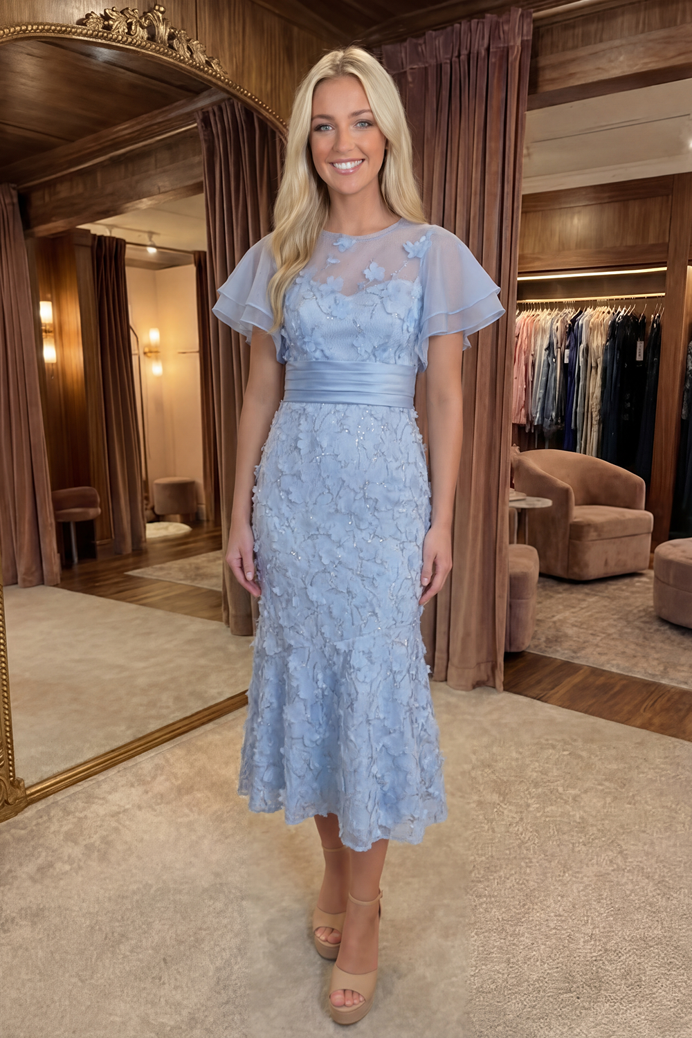 Mermaid Long Light Blue Floral Prom Dress with Ruffles