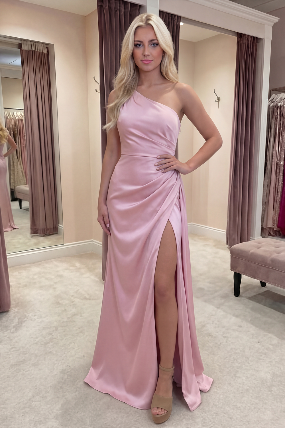 Long Pink Ruched One Shoulder Mermaid Prom Dress with Slit