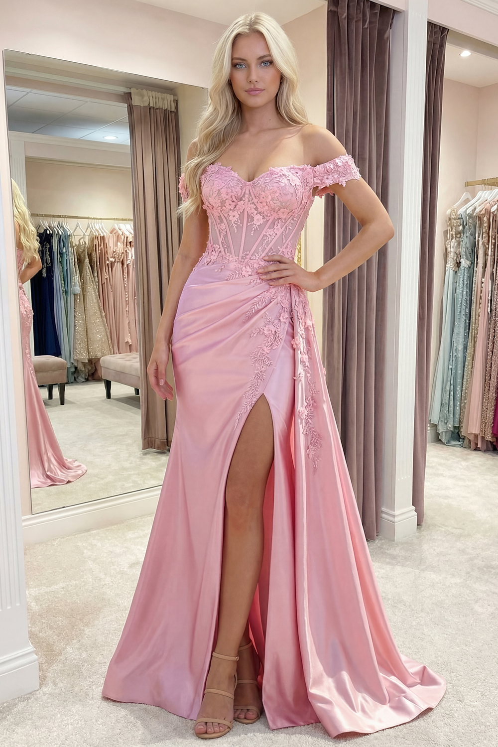 Pink Floral Corset Satin Mermaid Long Prom Dress with Side Cape