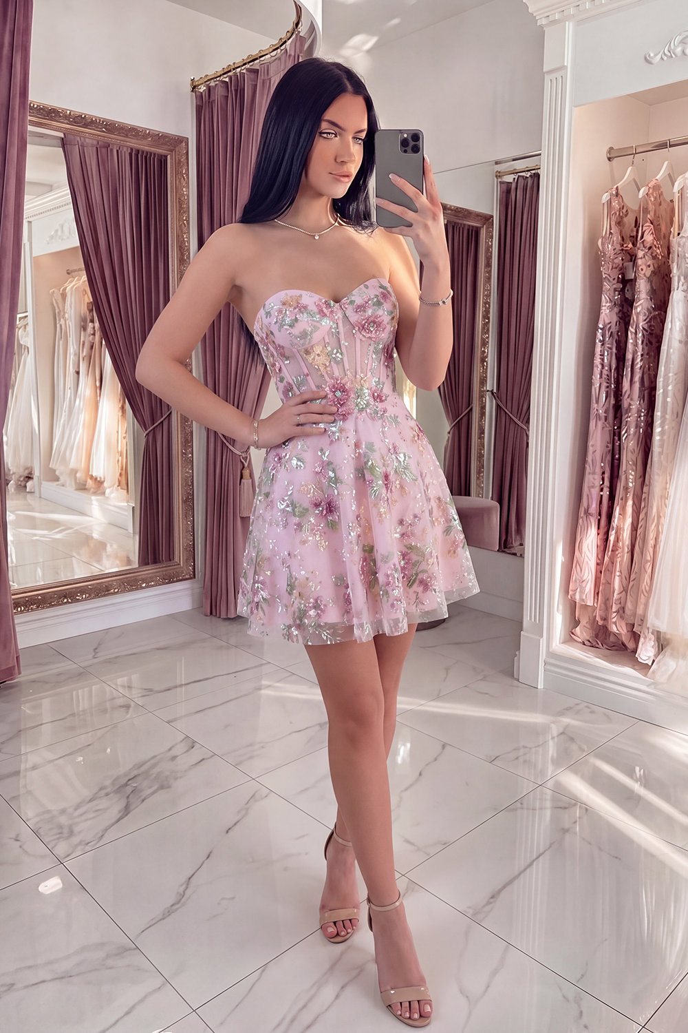 Sparkly Pink A Line Corset Strapless Floral Short Beaded Homecoming Dress