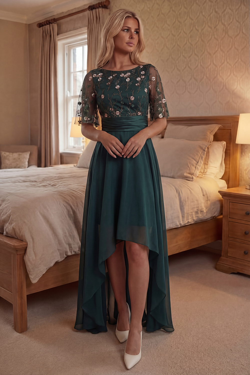 A Line Dark Green Floral High Low Boat Neck Prom Dress