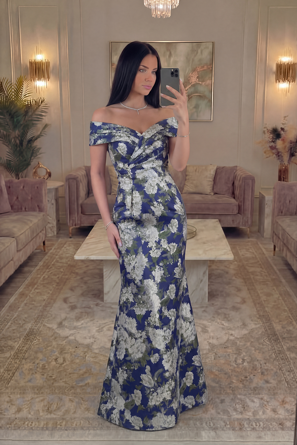 Navy Off the Shoulder Long Floral Mermaid Prom Dress