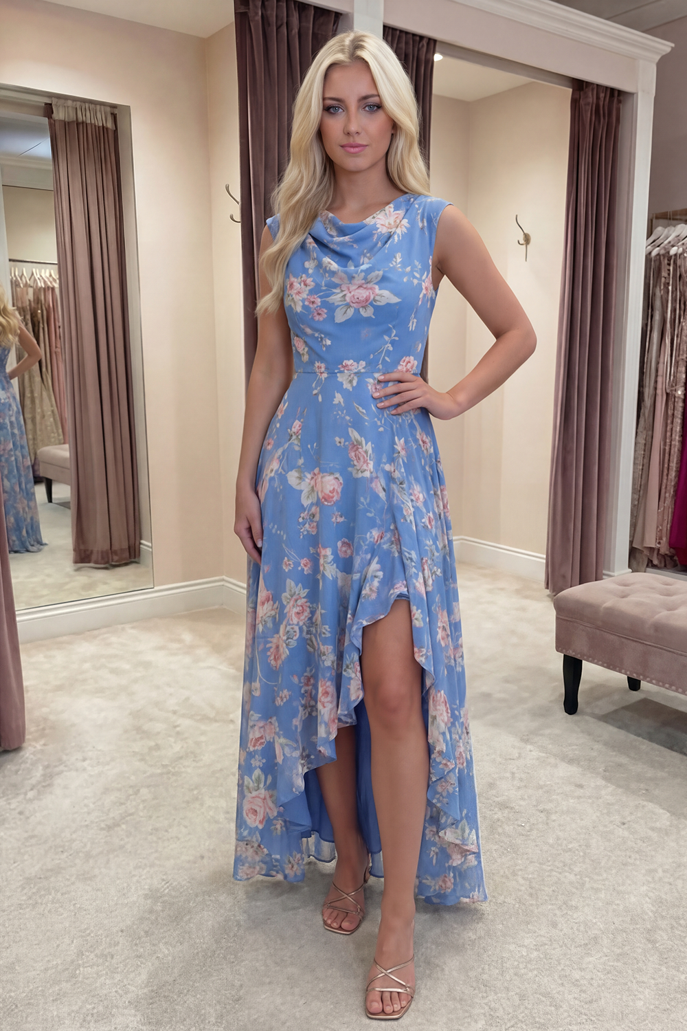 Bateau Neck Blue Pink Flower A Line Long Prom Dress with Slit